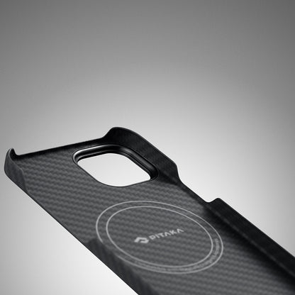 iPhone 14 Kılıf M-safe Şarj Özellikli 1500D Aramid Fiber Pitaka Ultra-Slim Classic Serisi Black-Grey Twill Kapak