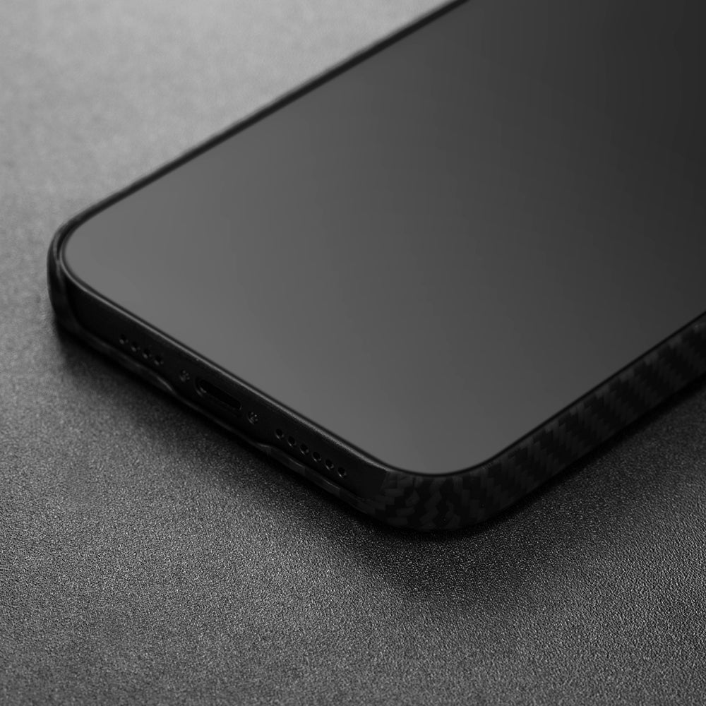 iPhone 14 Kılıf M-safe Şarj Özellikli 1500D Aramid Fiber Pitaka Ultra-Slim Classic Serisi Black-Grey Twill Kapak