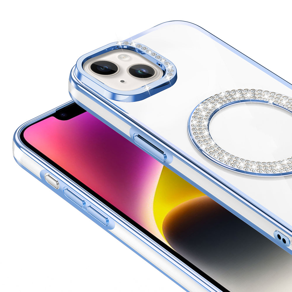 Apple iPhone 14 Kılıf Pırlanta Taş Tasarımlı M-safe Şarj Özellikli Zore Karetta Silikon Kapak