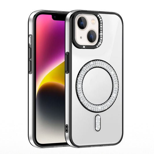 Apple iPhone 14 Kılıf Pırlanta Taş Tasarımlı M-safe Şarj Özellikli Zore Karetta Silikon Kapak