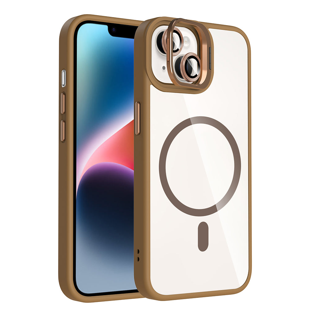 Apple iPhone 14 Kılıf Standlı ve Kamera Lens Hediyeli M-Safe Şarj Özellikli Zore Etro Kapak