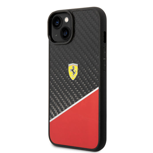 iPhone 14 Plus Kılıf Ferrari Orjinal Lisanlı Klasik Metal Logolu Karbon Şerit Desenli Kapak