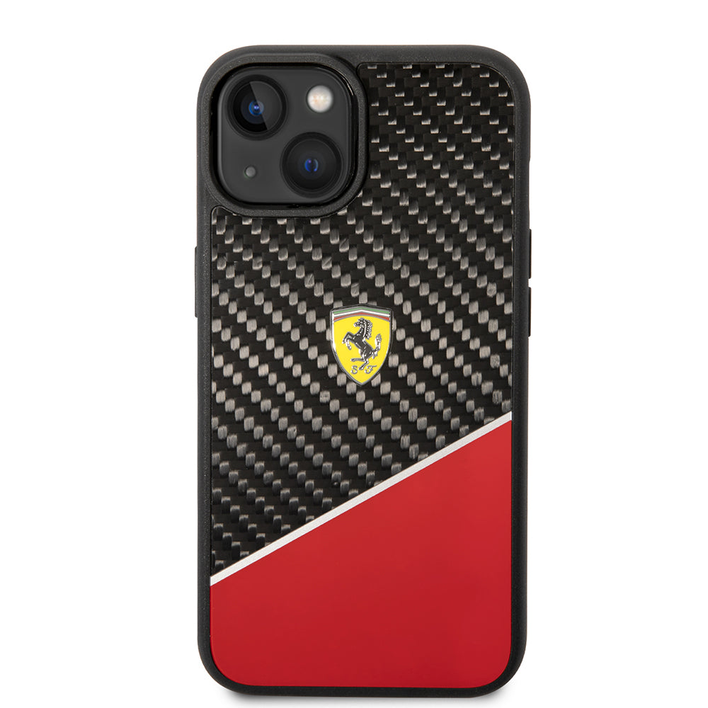 iPhone 14 Plus Kılıf Ferrari Orjinal Lisanlı Klasik Metal Logolu Karbon Şerit Desenli Kapak