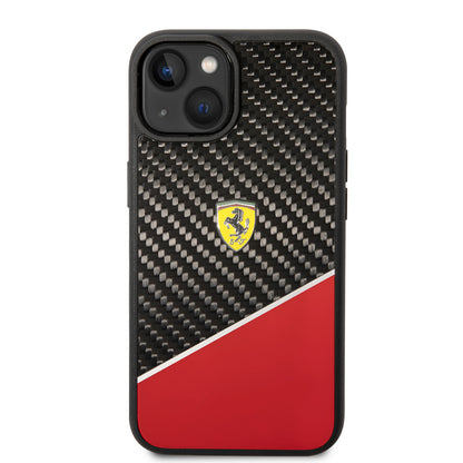 iPhone 14 Plus Kılıf Ferrari Orjinal Lisanlı Klasik Metal Logolu Karbon Şerit Desenli Kapak