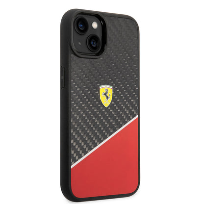 iPhone 14 Plus Kılıf Ferrari Orjinal Lisanlı Klasik Metal Logolu Karbon Şerit Desenli Kapak