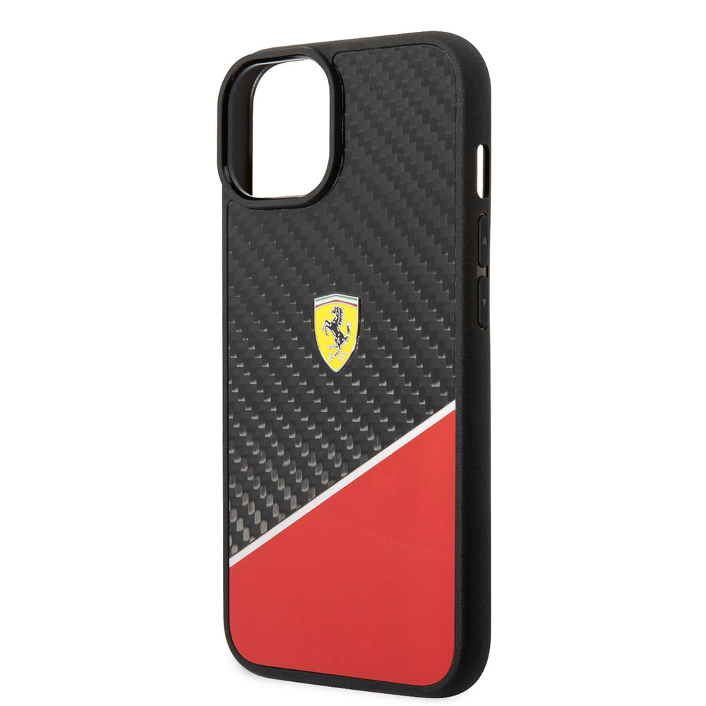 iPhone 14 Plus Kılıf Ferrari Orjinal Lisanlı Klasik Metal Logolu Karbon Şerit Desenli Kapak