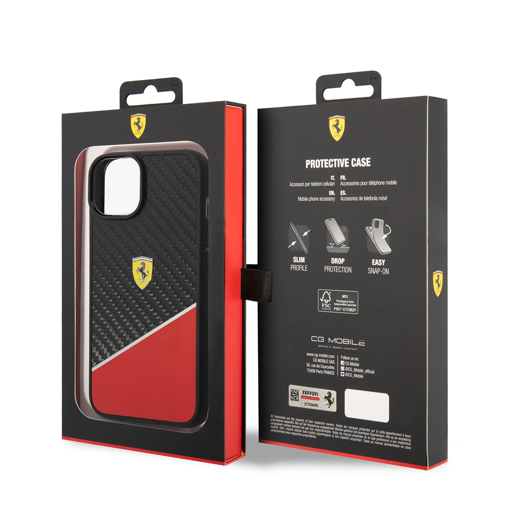 iPhone 14 Plus Kılıf Ferrari Orjinal Lisanlı Klasik Metal Logolu Karbon Şerit Desenli Kapak
