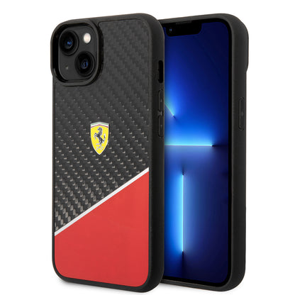 iPhone 14 Plus Kılıf Ferrari Orjinal Lisanlı Klasik Metal Logolu Karbon Şerit Desenli Kapak