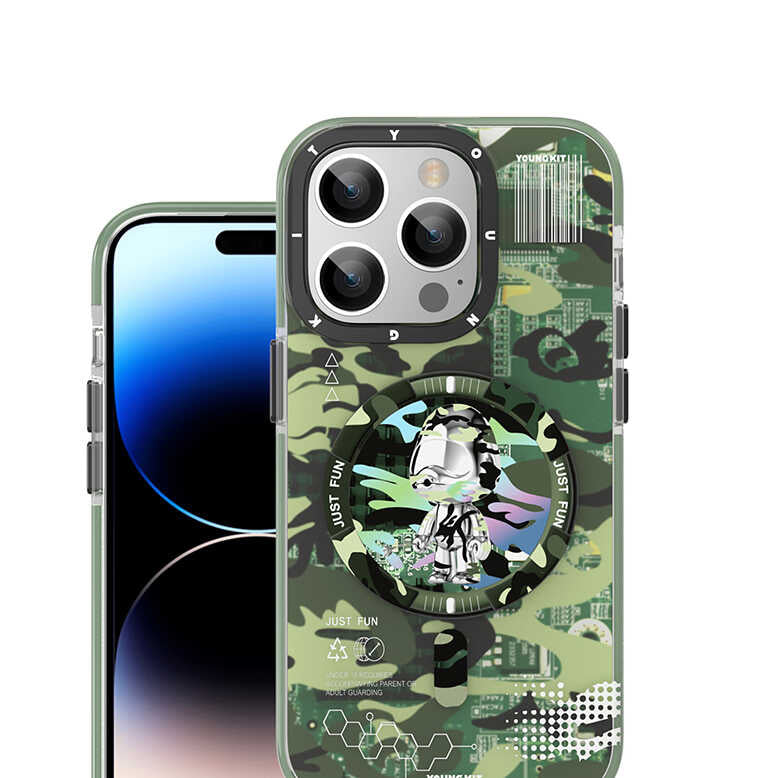 iPhone 14 Plus Kılıf M-safe Şarj Özellikli YoungKit Kamuflaj Serisi Kapak