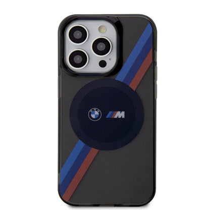 iPhone 14 Pro Kılıf BMW M-safe Şarj Özellikli Transparan 3 Renkli Şerit Dizayn Kapak