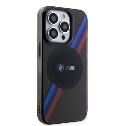 iPhone 14 Pro Kılıf BMW M-safe Şarj Özellikli Transparan 3 Renkli Şerit Dizayn Kapak
