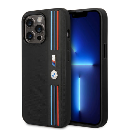 iPhone 14 Pro Kılıf BMW PU Deri 3 Renkli Çizgili Örgü Dizayn Kapak