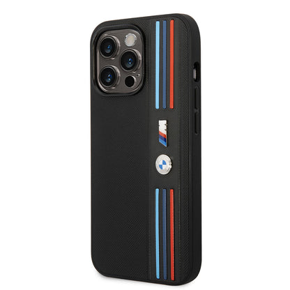 iPhone 14 Pro Kılıf BMW PU Deri 3 Renkli Çizgili Örgü Dizayn Kapak
