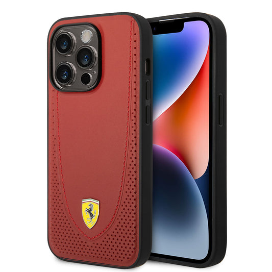 iPhone 14 Pro Kılıf Ferrari M-safe Şarj Özellikli Deri Delikli Dikişli Dizayn Kapak