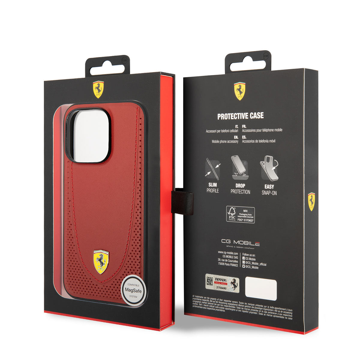 iPhone 14 Pro Kılıf Ferrari M-safe Şarj Özellikli Deri Delikli Dikişli Dizayn Kapak