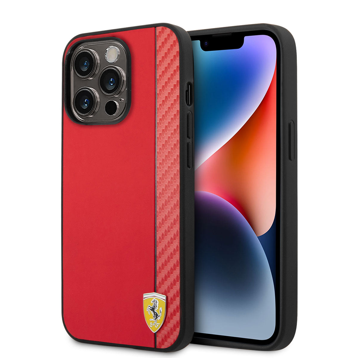 iPhone 14 Pro Kılıf Ferrari M-safe Şarj Özellikli PU Deri Karbon Şeritli Dizayn Kapak