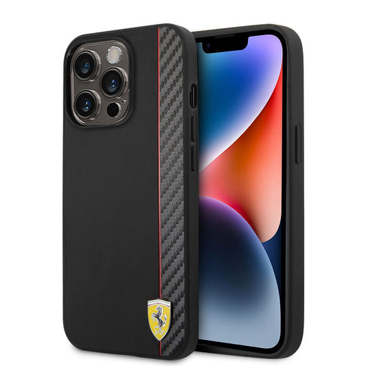 iPhone 14 Pro Kılıf Ferrari M-safe Şarj Özellikli Pu Deri Ve Karbon Şeritli Dizayn Kapak