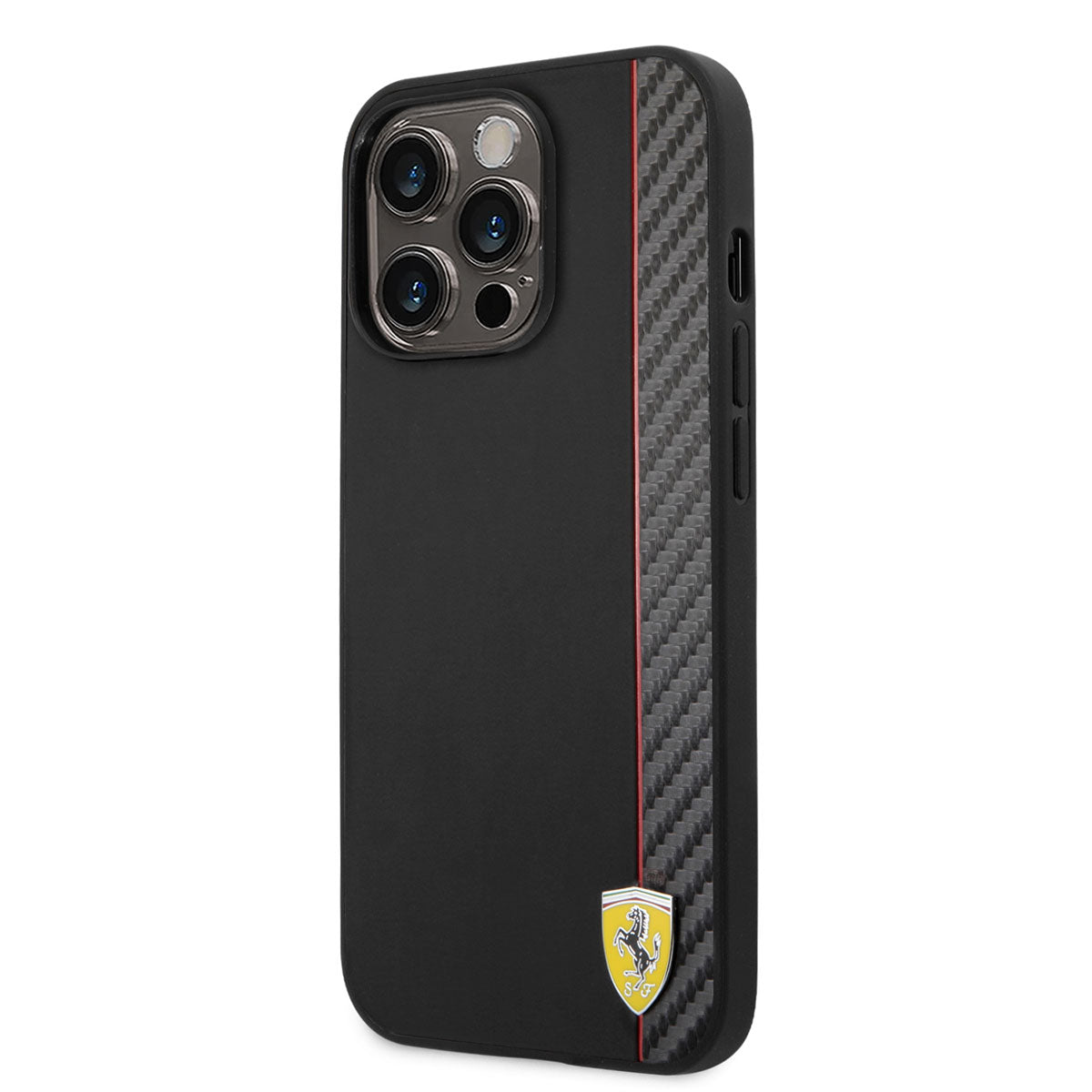 iPhone 14 Pro Kılıf Ferrari M-safe Şarj Özellikli Pu Deri Ve Karbon Şeritli Dizayn Kapak