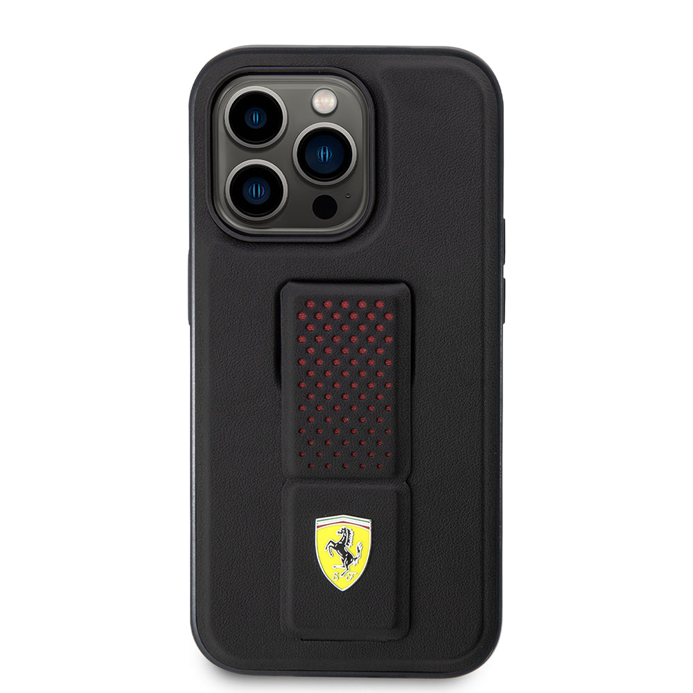 iPhone 14 Pro Kılıf Ferrari Orjinal Lisanlı Klasik Metal Logolu Delikli Standlı Deri Kapak