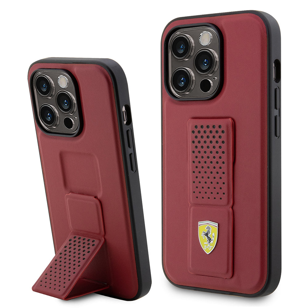 iPhone 14 Pro Kılıf Ferrari Orjinal Lisanlı Klasik Metal Logolu Delikli Standlı Deri Kapak