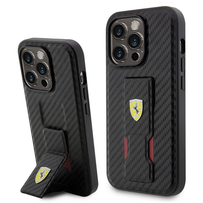 iPhone 14 Pro Kılıf Ferrari Orjinal Lisanlı Klasik Metal Logolu Delikli Standlı Karbon Kapak