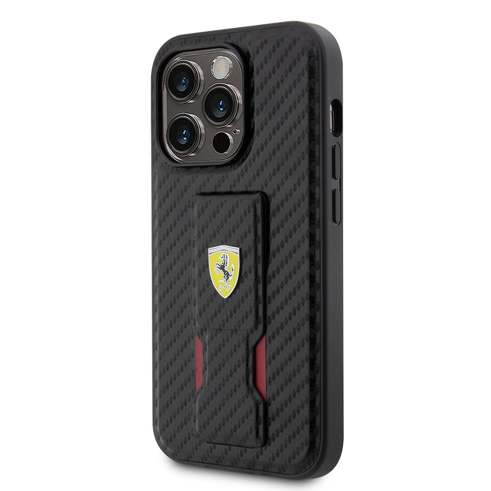 iPhone 14 Pro Kılıf Ferrari Orjinal Lisanlı Klasik Metal Logolu Delikli Standlı Karbon Kapak