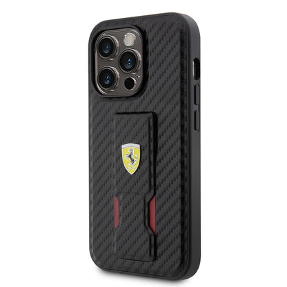 iPhone 14 Pro Kılıf Ferrari Orjinal Lisanlı Klasik Metal Logolu Delikli Standlı Karbon Kapak