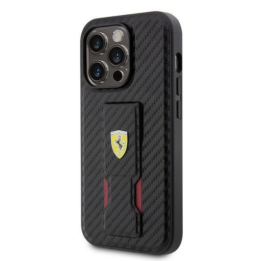 iPhone 14 Pro Kılıf Ferrari Orjinal Lisanlı Klasik Metal Logolu Delikli Standlı Karbon Kapak