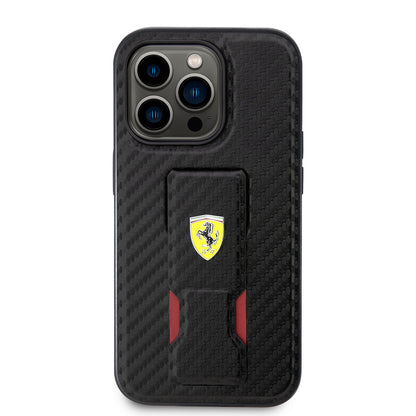 iPhone 14 Pro Kılıf Ferrari Orjinal Lisanlı Klasik Metal Logolu Delikli Standlı Karbon Kapak