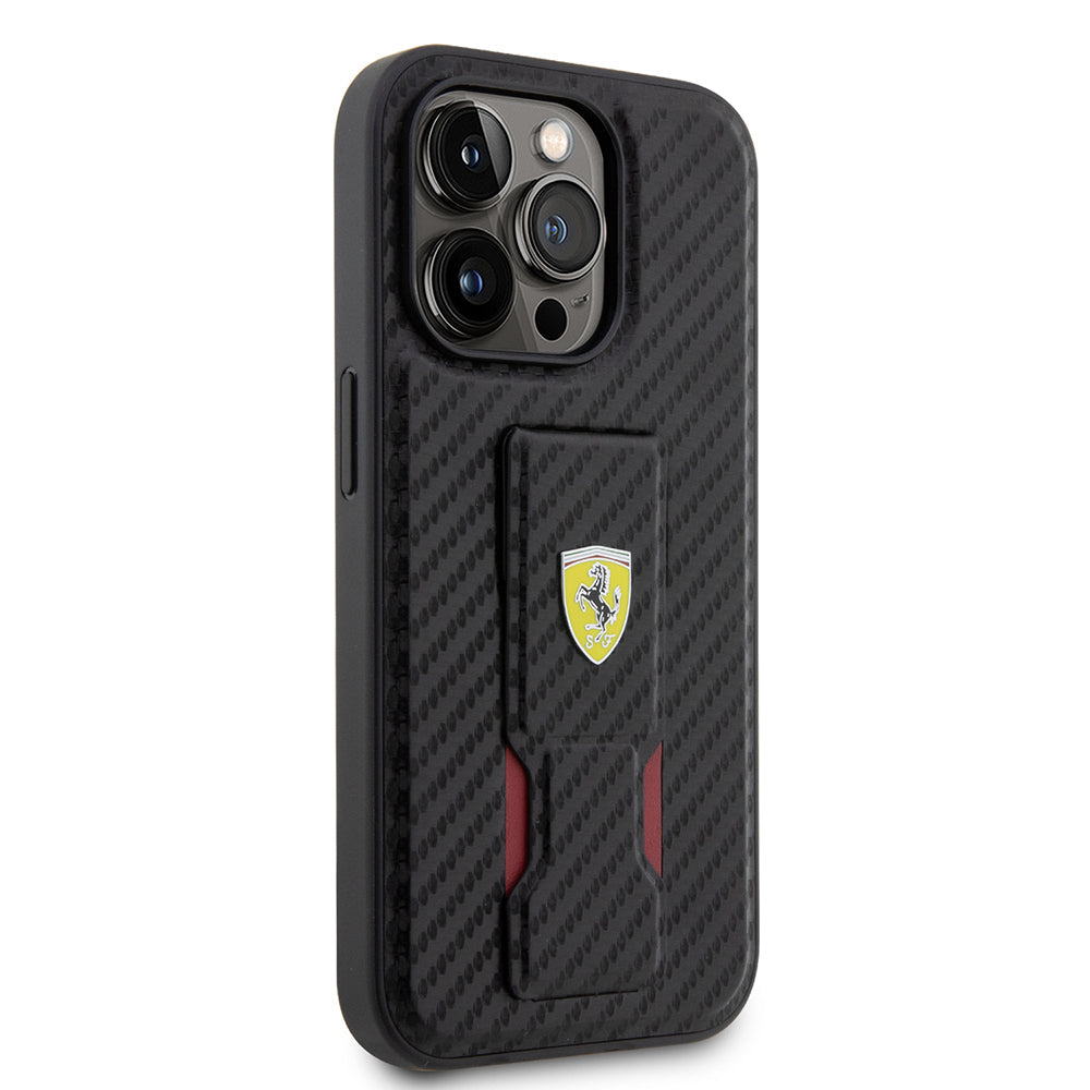 iPhone 14 Pro Kılıf Ferrari Orjinal Lisanlı Klasik Metal Logolu Delikli Standlı Karbon Kapak