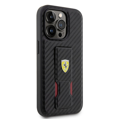 iPhone 14 Pro Kılıf Ferrari Orjinal Lisanlı Klasik Metal Logolu Delikli Standlı Karbon Kapak
