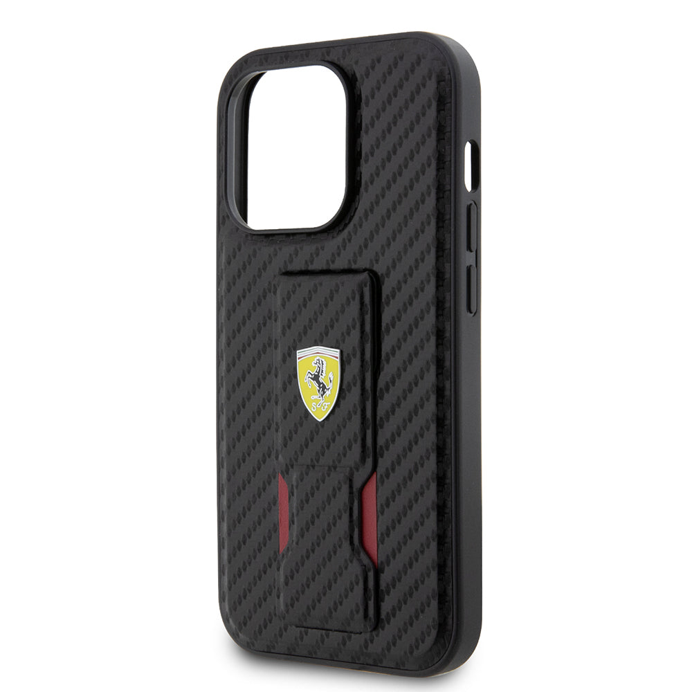 iPhone 14 Pro Kılıf Ferrari Orjinal Lisanlı Klasik Metal Logolu Delikli Standlı Karbon Kapak