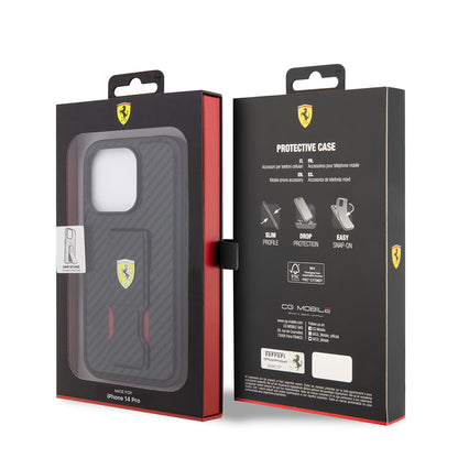 iPhone 14 Pro Kılıf Ferrari Orjinal Lisanlı Klasik Metal Logolu Delikli Standlı Karbon Kapak