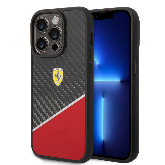 iPhone 14 Pro Kılıf Ferrari Orjinal Lisanlı Klasik Metal Logolu Karbon Şerit Desenli Kapak