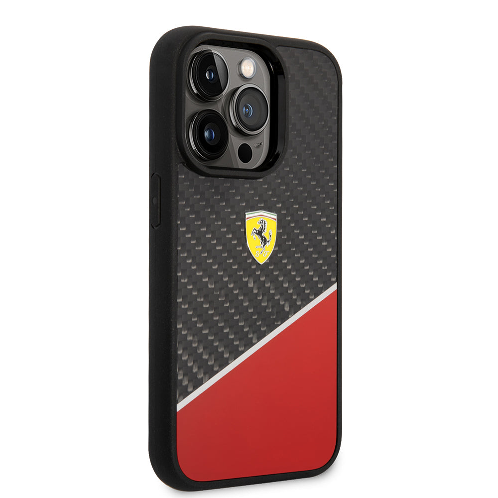 iPhone 14 Pro Kılıf Ferrari Orjinal Lisanlı Klasik Metal Logolu Karbon Şerit Desenli Kapak