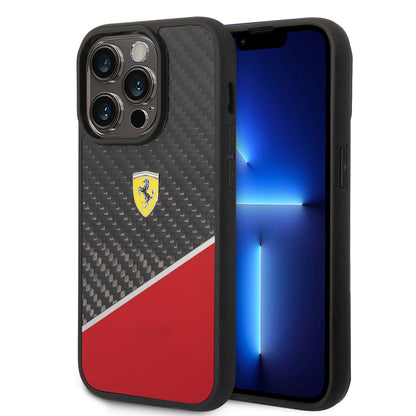iPhone 14 Pro Kılıf Ferrari Orjinal Lisanlı Klasik Metal Logolu Karbon Şerit Desenli Kapak