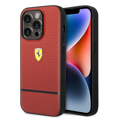 iPhone 14 Pro Kılıf Ferrari Orjinal Lisanslı Deri Delikli Ve Çizgili Dizayn Kapak