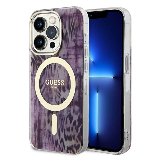 iPhone 14 Pro Kılıf GUESS M-safe Şarj Özellikli Leopar Desenli Kapak