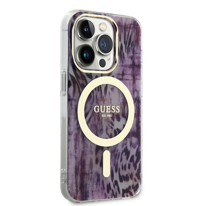 iPhone 14 Pro Kılıf GUESS M-safe Şarj Özellikli Leopar Desenli Kapak