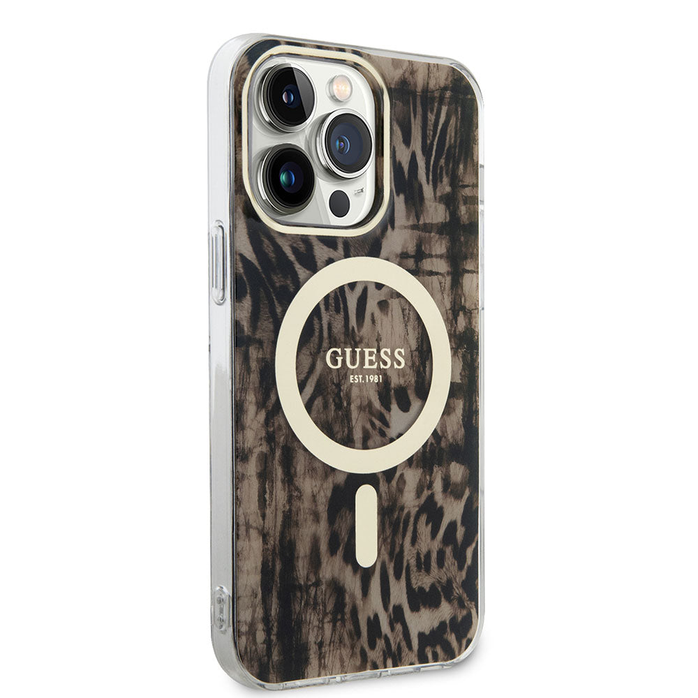 iPhone 14 Pro Kılıf GUESS M-safe Şarj Özellikli Leopar Desenli Kapak