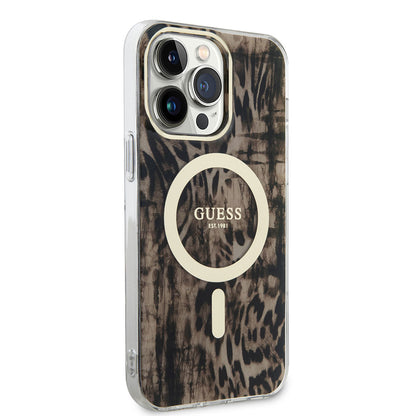 iPhone 14 Pro Kılıf GUESS M-safe Şarj Özellikli Leopar Desenli Kapak