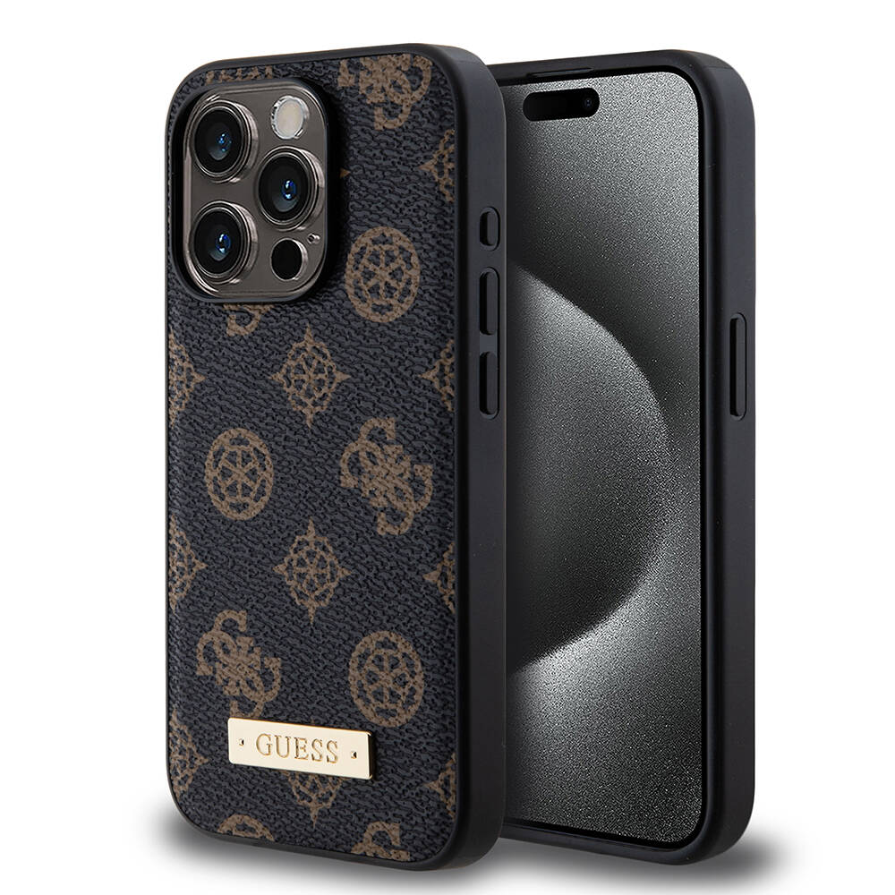 iPhone 14 Pro Kılıf Guess M-safe Şarj Özellikli PU Deri Desenli Metal Plaka Logolu Kapak