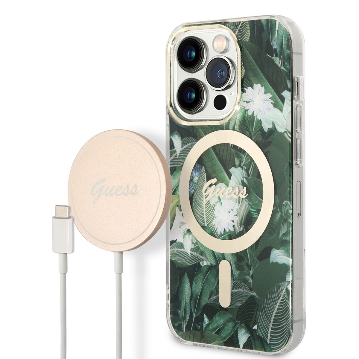 iPhone 14 Pro Kılıf GUESS M-safe Şarj Özellikli Yaprak Desenli M-safe Şarj Kablolu Kapak