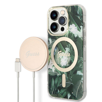 iPhone 14 Pro Kılıf GUESS M-safe Şarj Özellikli Yaprak Desenli M-safe Şarj Kablolu Kapak