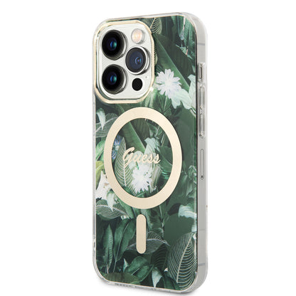 iPhone 14 Pro Kılıf GUESS M-safe Şarj Özellikli Yaprak Desenli M-safe Şarj Kablolu Kapak