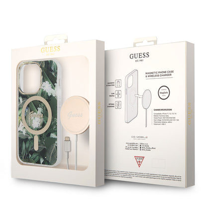 iPhone 14 Pro Kılıf GUESS M-safe Şarj Özellikli Yaprak Desenli M-safe Şarj Kablolu Kapak