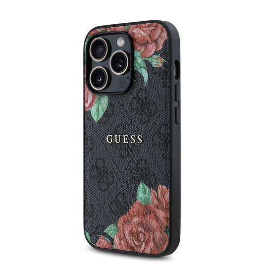 iPhone 14 Pro Kılıf Guess Orjinal Lisanslı M-safe Şarj Özellikli Gül Baskılı 4G Desenli Yazı Logolu Kapak