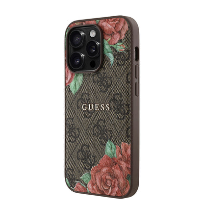 iPhone 14 Pro Kılıf Guess Orjinal Lisanslı M-safe Şarj Özellikli Gül Baskılı 4G Desenli Yazı Logolu Kapak