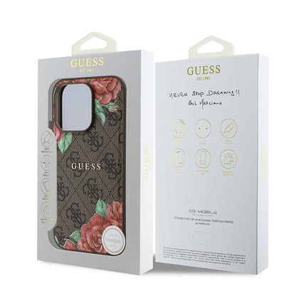 iPhone 14 Pro Kılıf Guess Orjinal Lisanslı M-safe Şarj Özellikli Gül Baskılı 4G Desenli Yazı Logolu Kapak