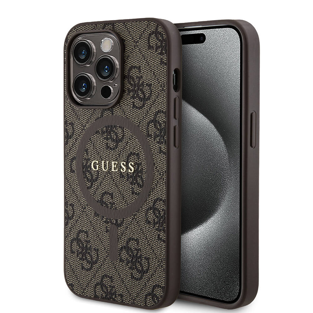 iPhone 14 Pro Kılıf Guess Orjinal Lisanslı M-safe Şarj Özellikli PU Halkalı 4G Desenli Yazı Logolu Kapak